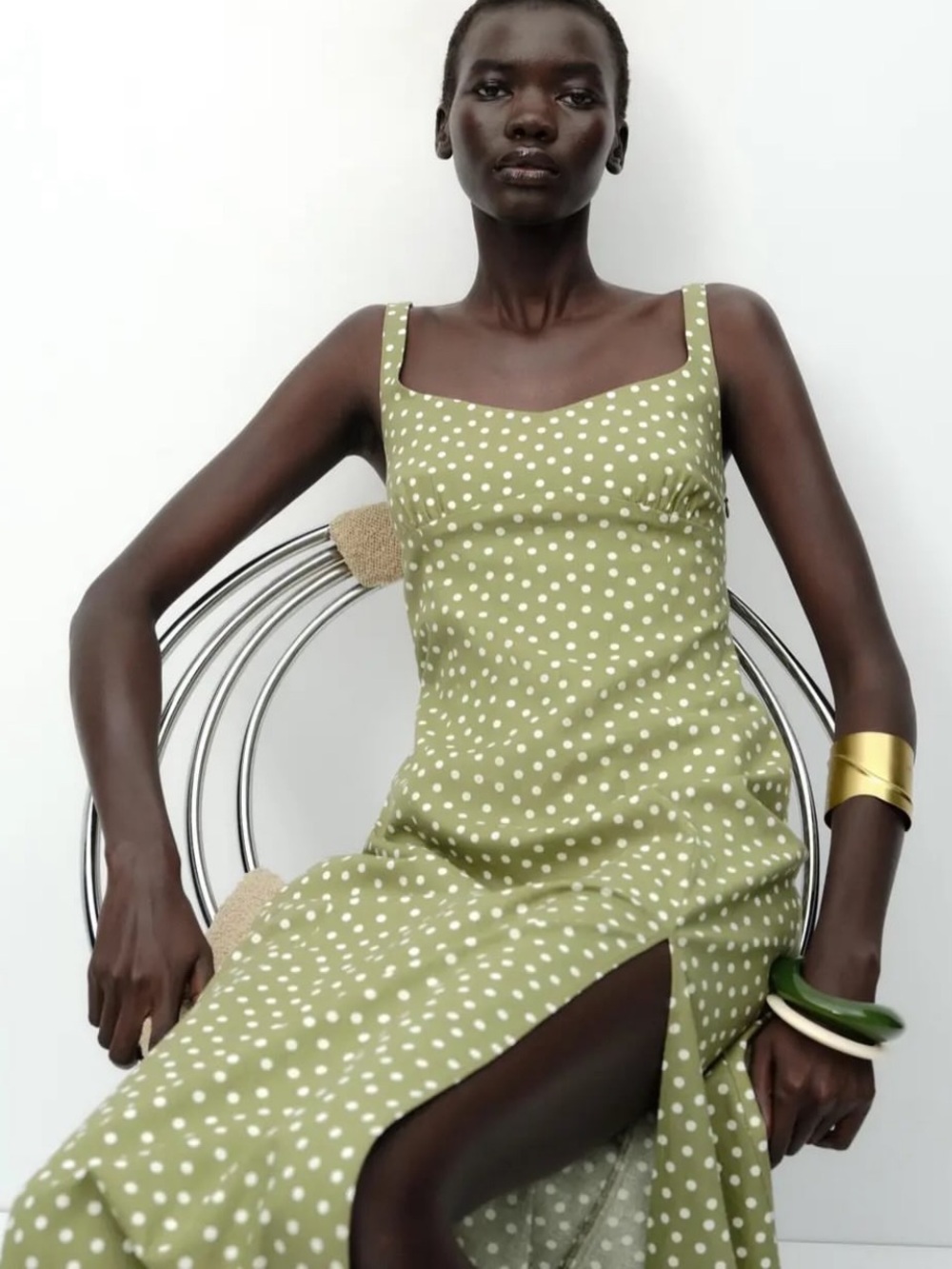 Zara Olive Green Polka Dot Maxi Dress with Front Slit